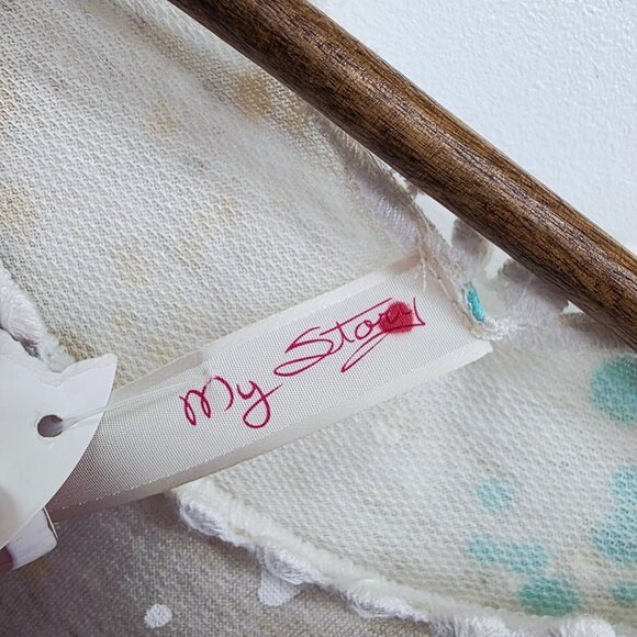 NWT Womens Babydoll Tank Top S Beige Paint Splatter Print Sleeveless Pom Trim - Picture 10 of 13